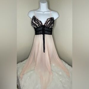Vintage Feminine Romantic Sheer Lace Babydoll Slip Pink Black Lingerie Sz M